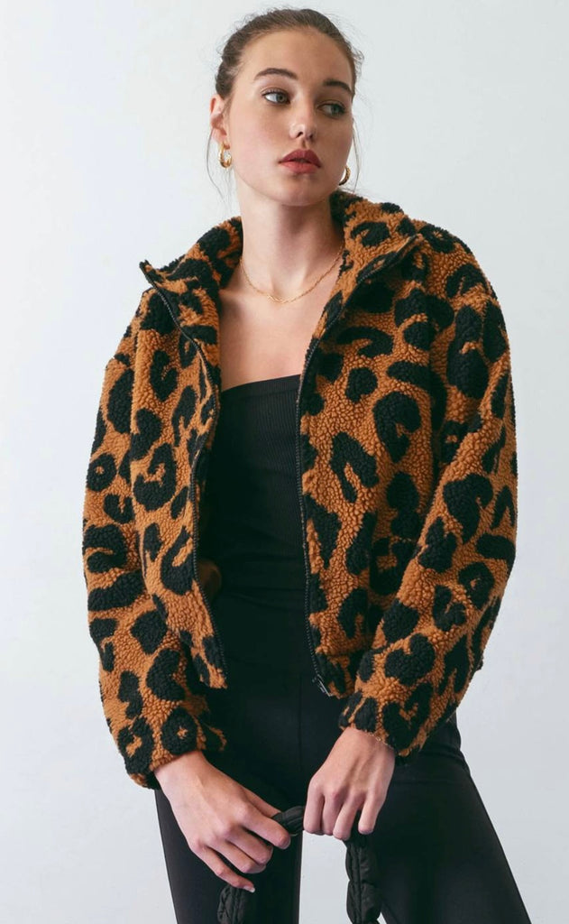 Leopard Faux Sherpa Zip Up Jacket