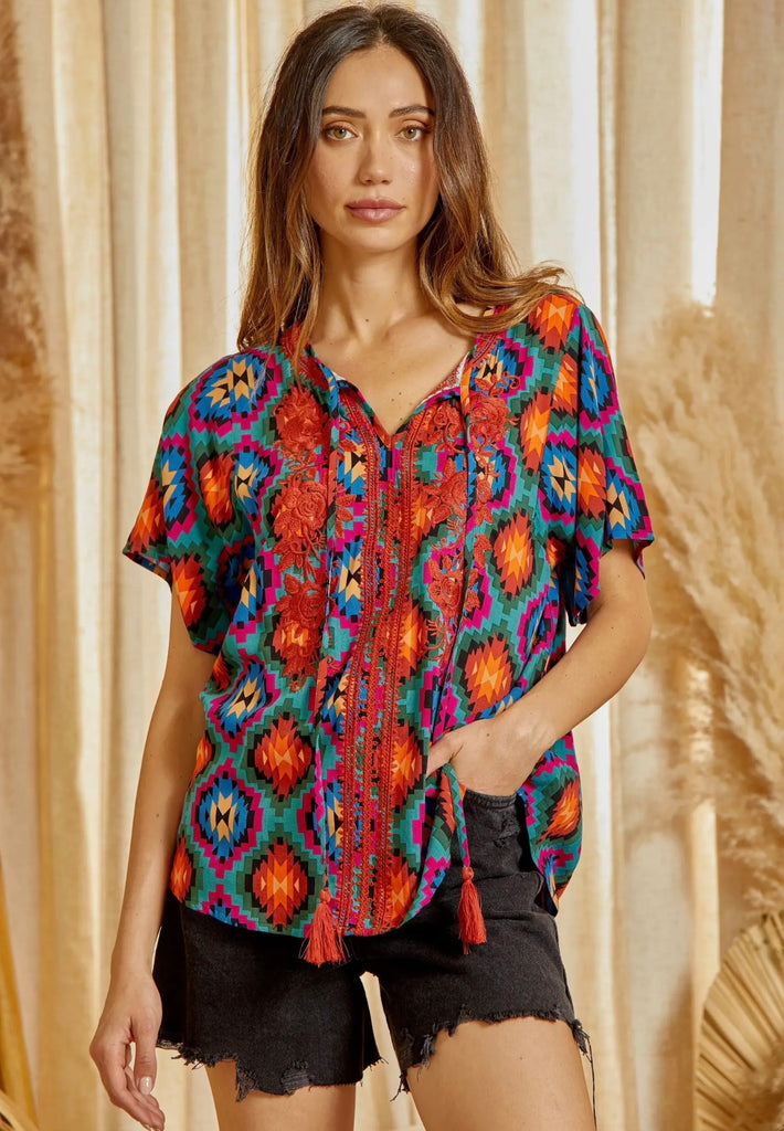 Colorful Embroidered Tassel Top
