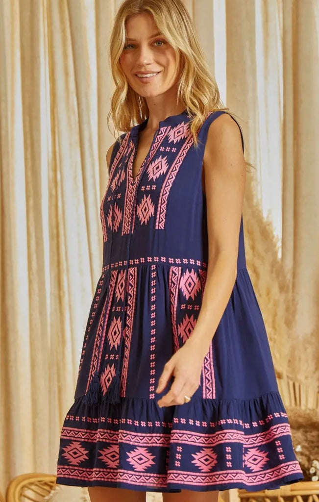 Navy + Pink Embroidered Tank Dress