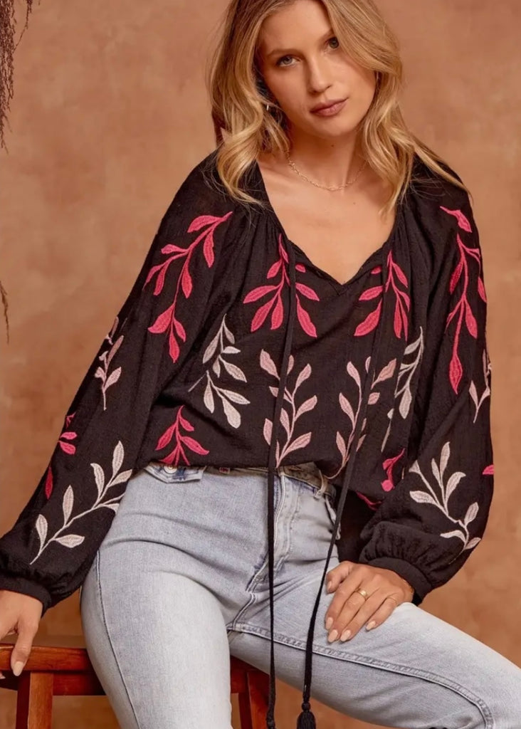Black Leaves Embroidered Lightweight Top