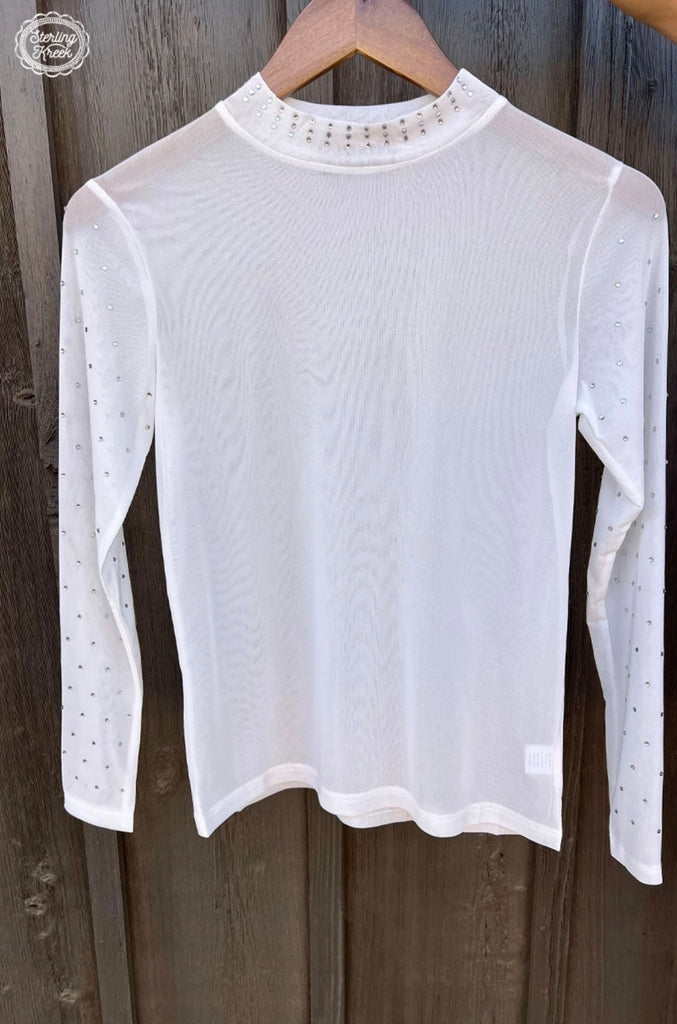 White Rhinestone Mesh Top