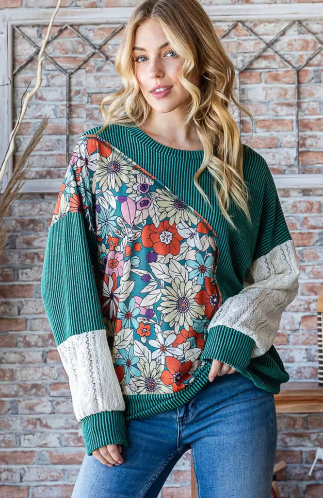 Forest + Cream Floral Sweater Top