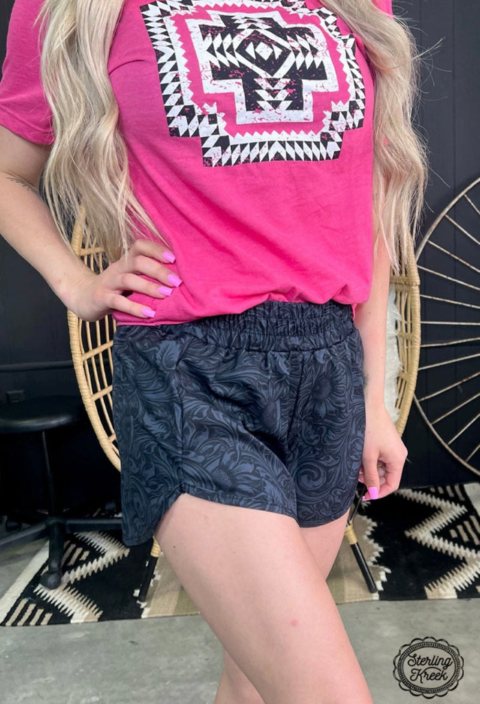 Black Faux Tooled Athletic Shorts