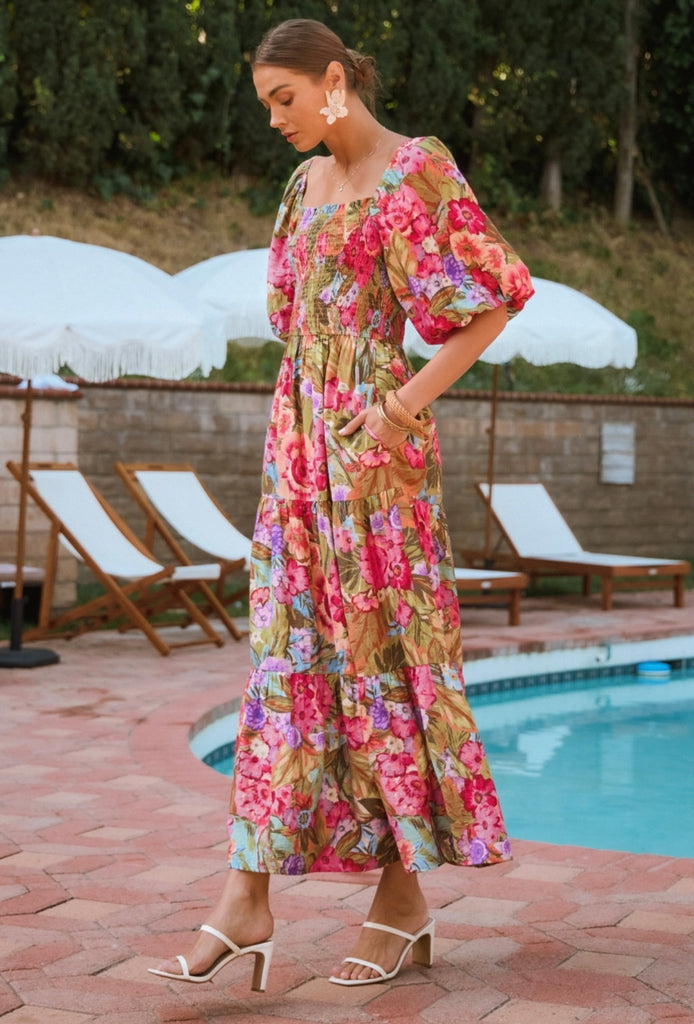 Floral Bubble Sleeve Maxi Dress