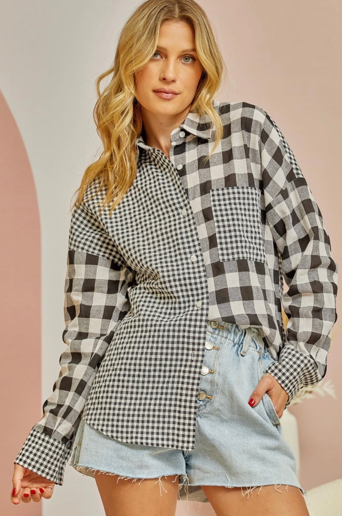 Mixed Gingham Button Down Top