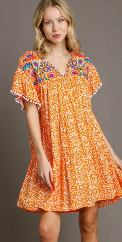 Tangerine Dottie Embroidered Pom Dress