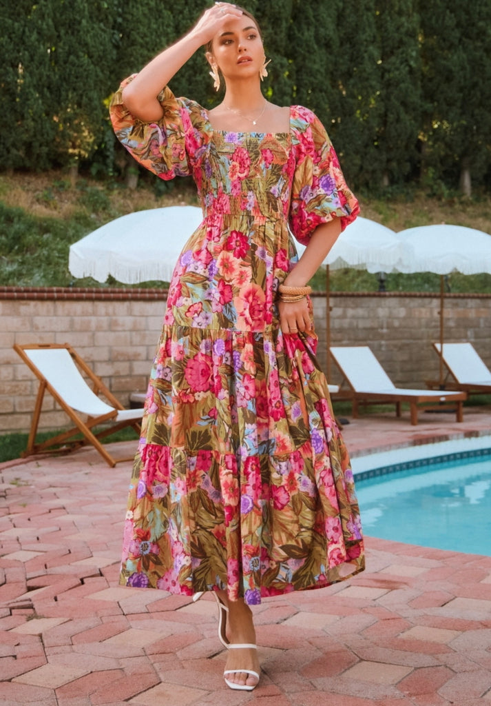 Floral Bubble Sleeve Maxi Dress