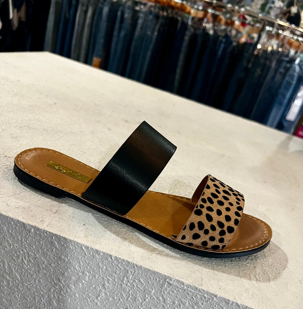 Leopard + Black Strap Flat Sandals