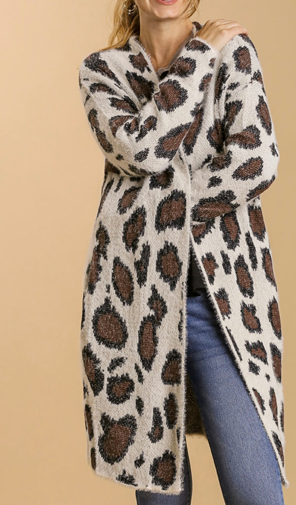 Soft Fuzzy Long Cream Leopard Cardigan