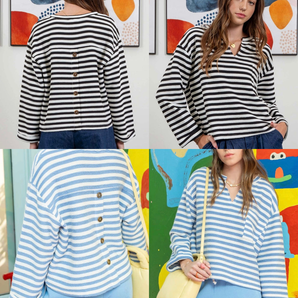 Stripe Button Back Waffle Tops