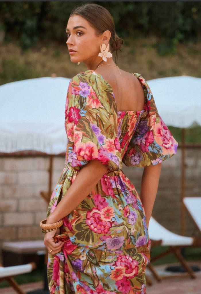 Floral Bubble Sleeve Maxi Dress