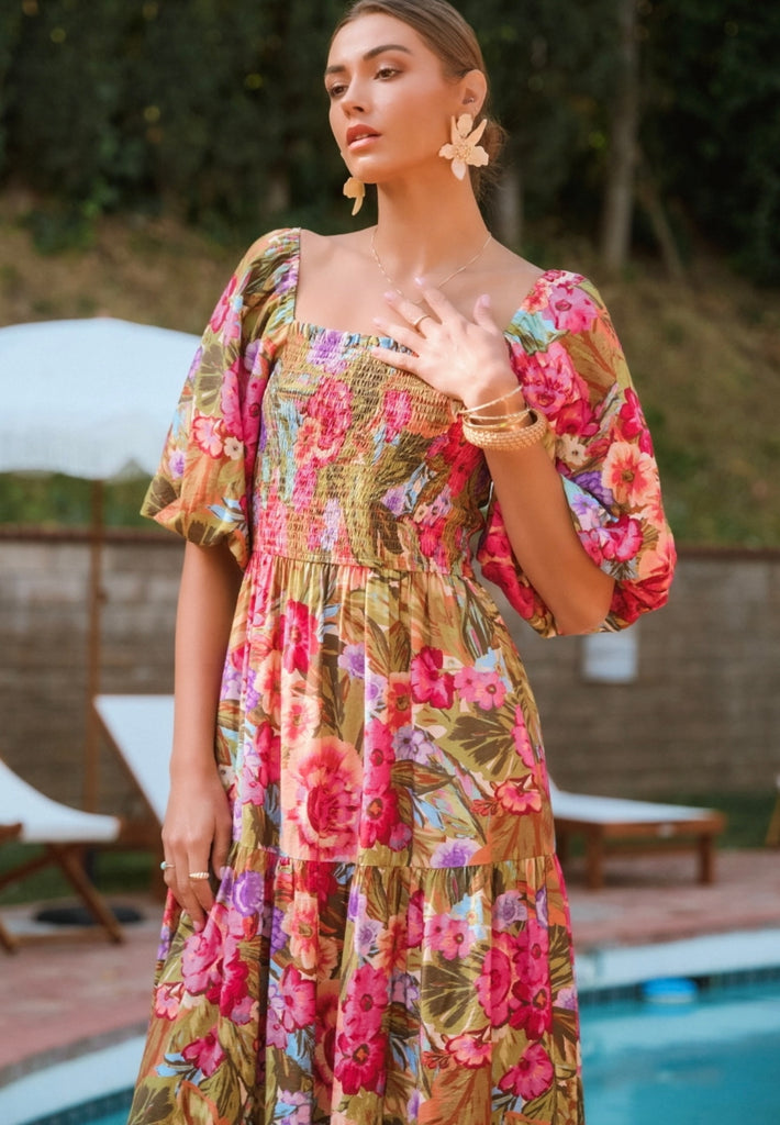 Floral Bubble Sleeve Maxi Dress