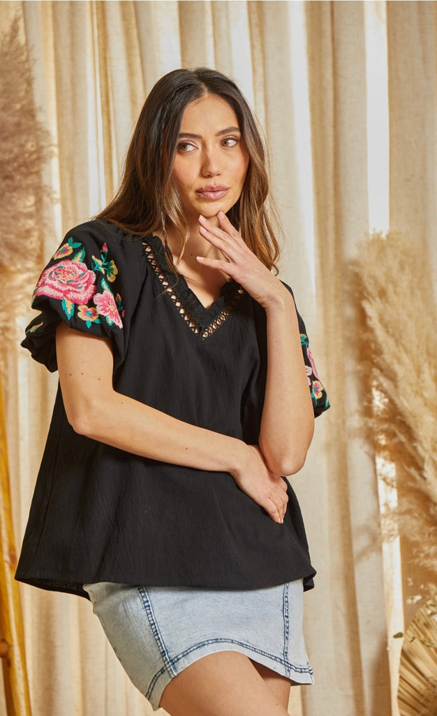 Black Puff Sleeve Embroidered Top