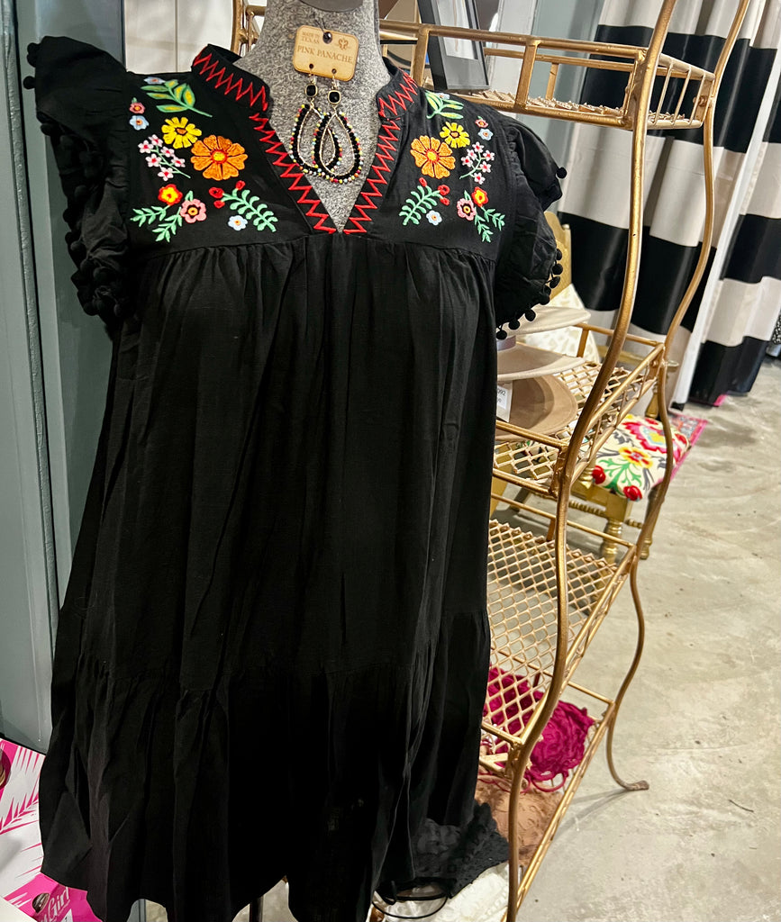 Black Ruffle Pom Embroidered Dress