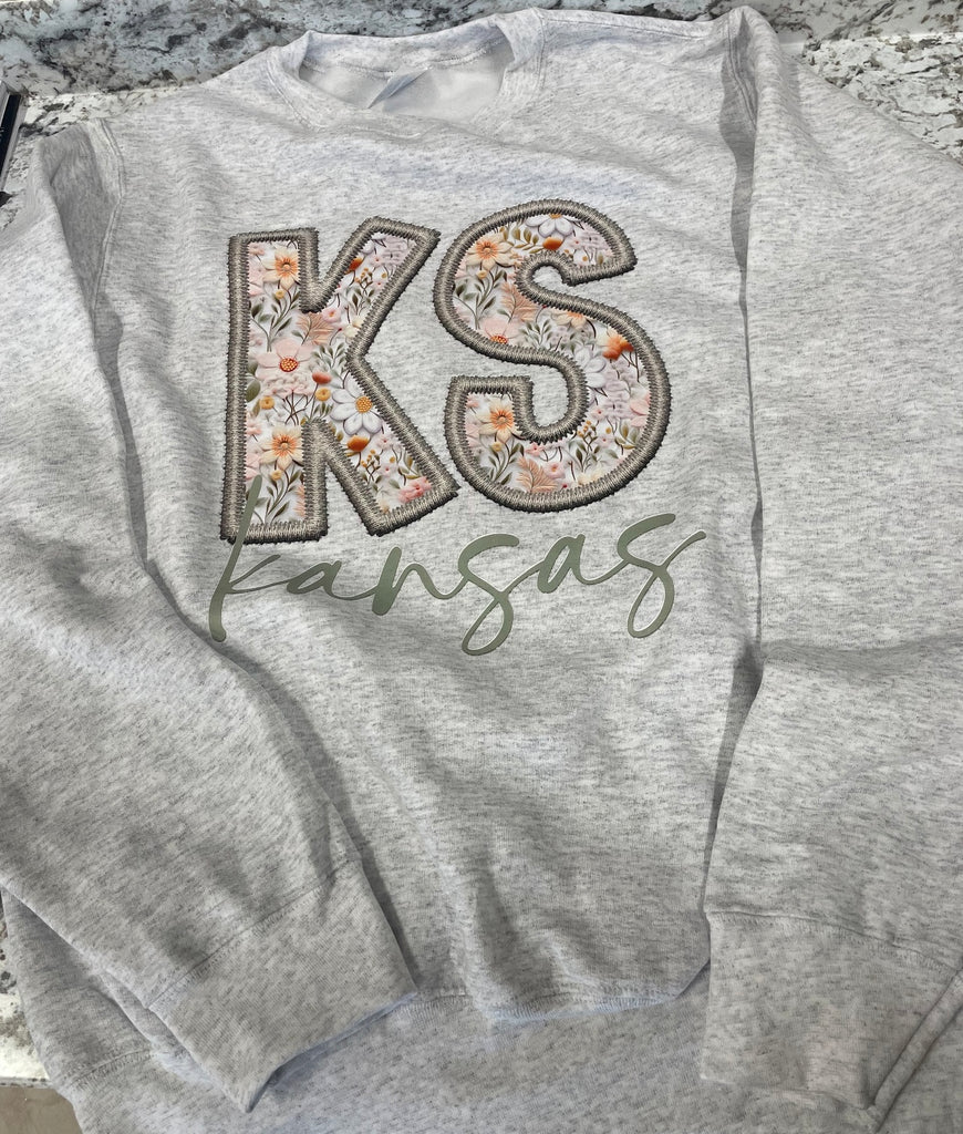 KS Faux Embroidered Floral Crewneck