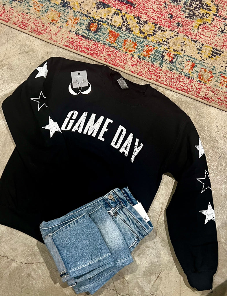 Black “Game Day” Distressed with Stars Sweatshirt