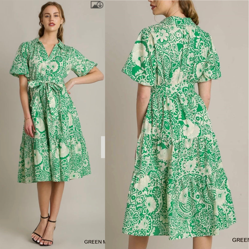 Green Patterned Midi Tie Dress