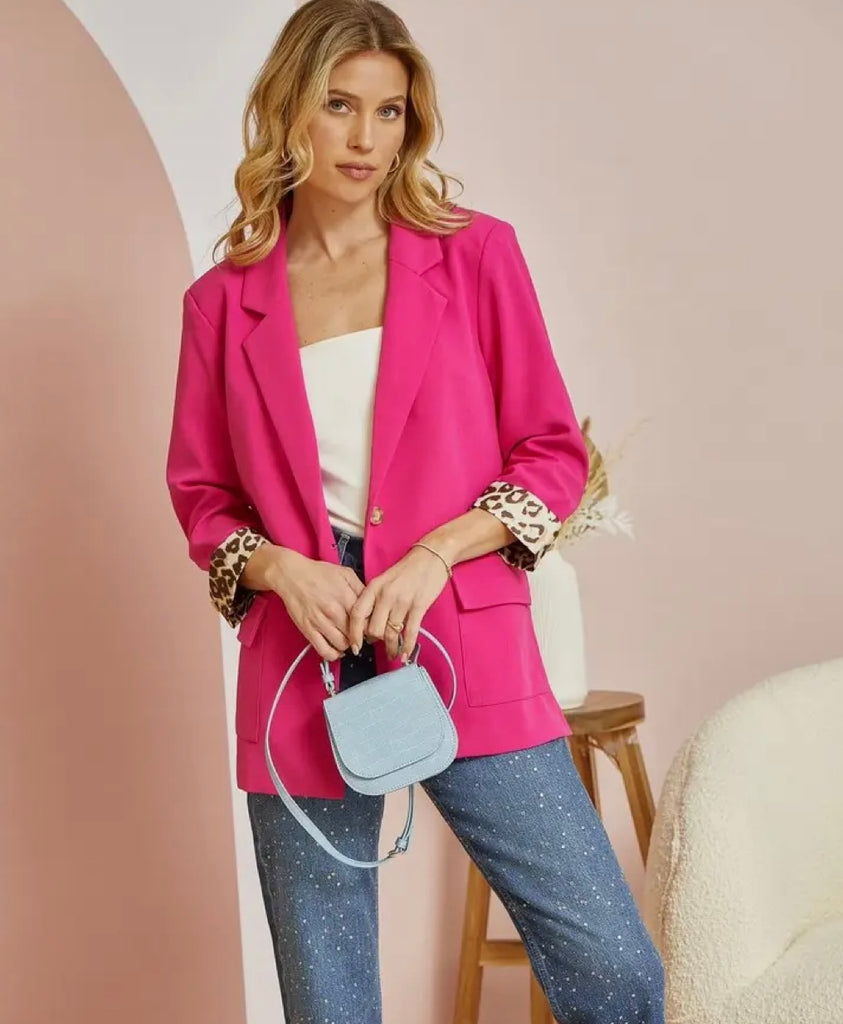 Hot Pink + Leopard Cuff Single Button Blazer