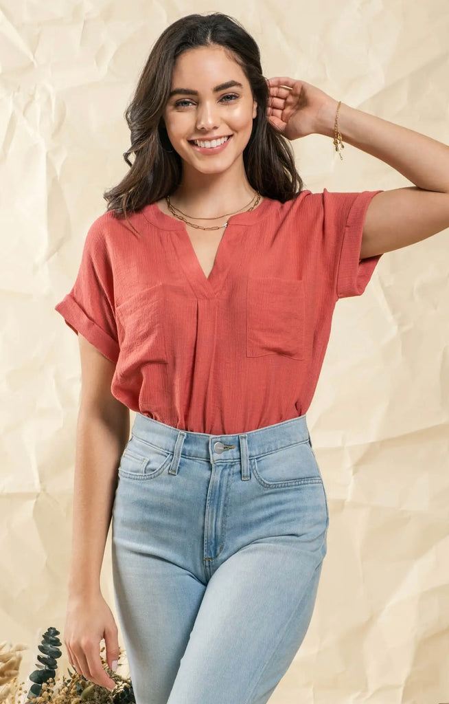 Crinkle Button Back Top