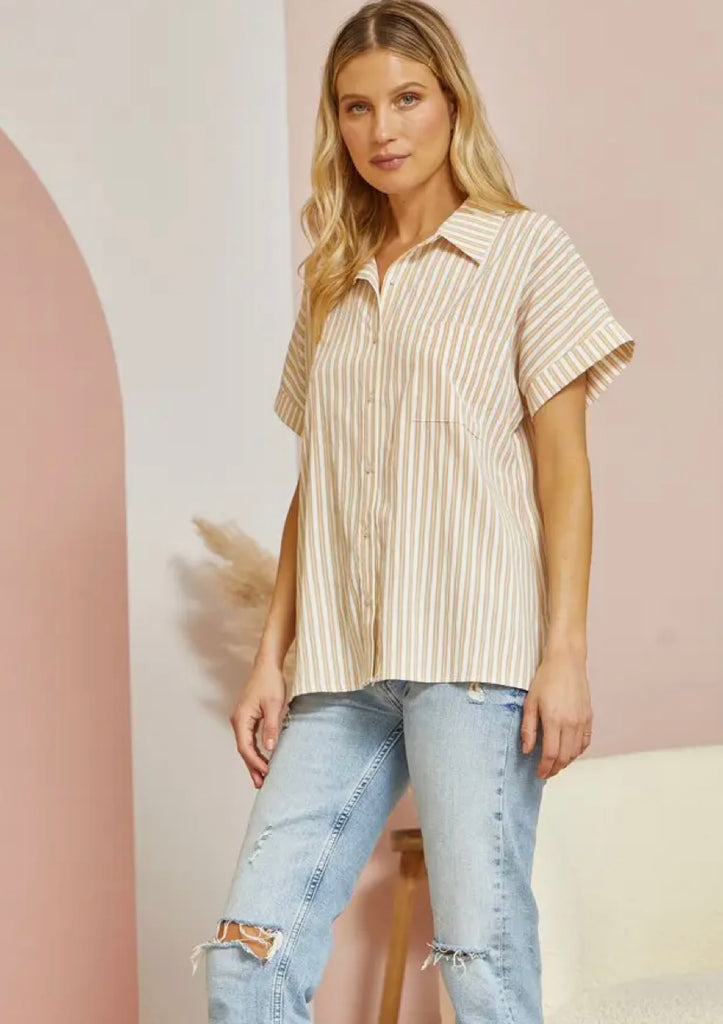 Taupe + Ivory Striped Button Top