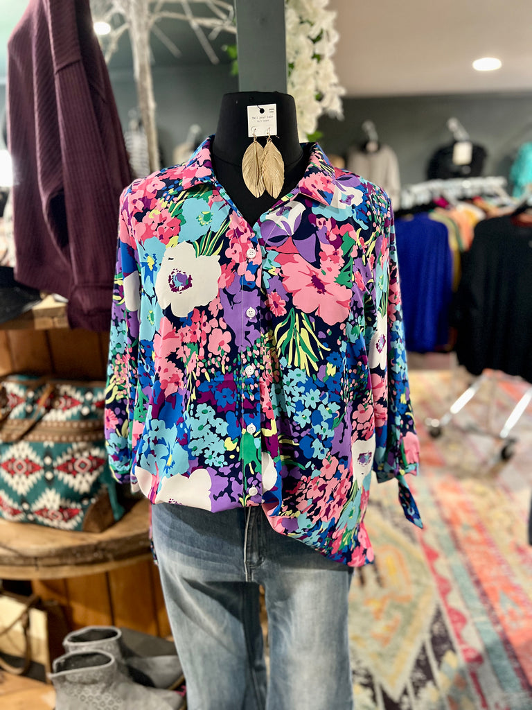 Bright Floral Button Up Top