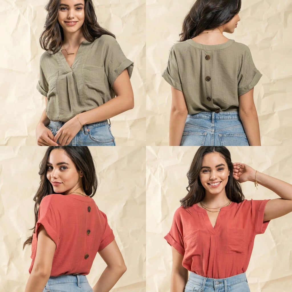 Crinkle Button Back Top