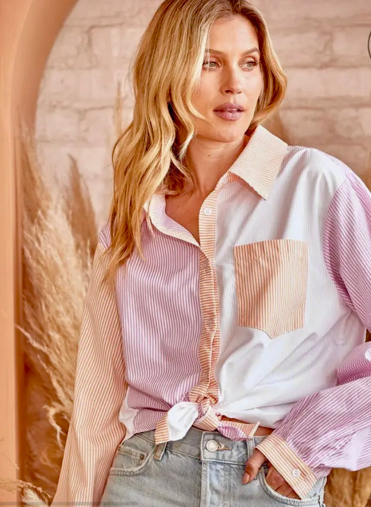 Pink + Orange + White Button Down Top