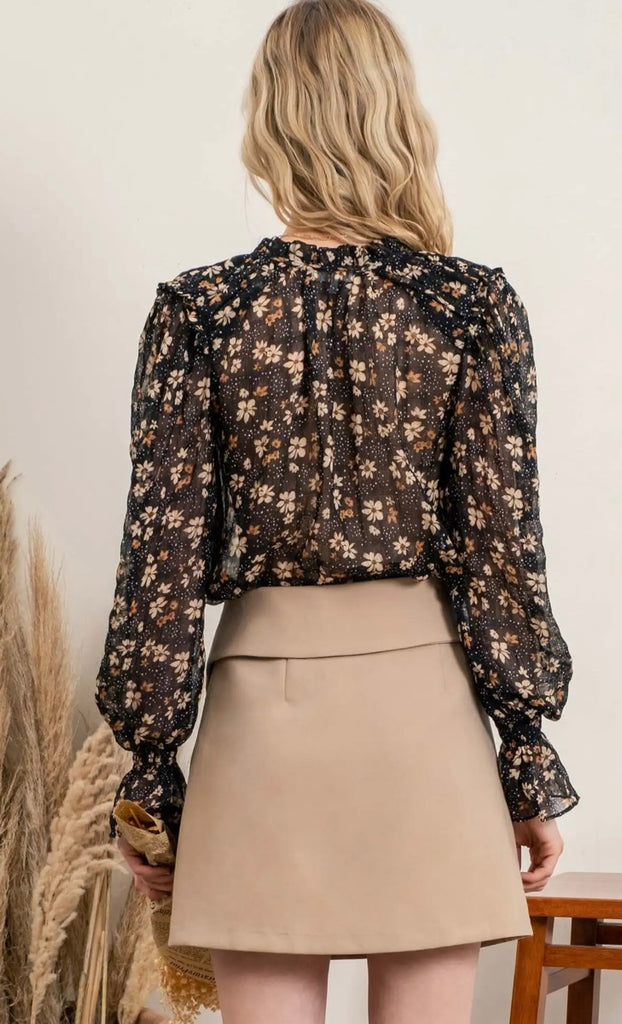 Sheer Floral Button Front Blouse