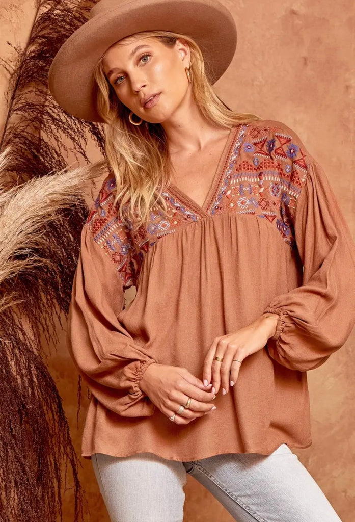 Embroidered Tawny Babydoll Top