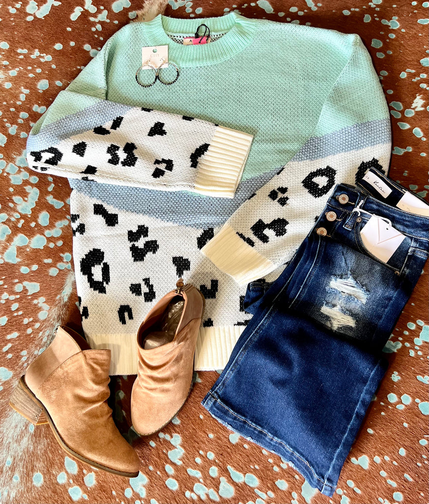 Mint + Leopard Colorblock Sweater