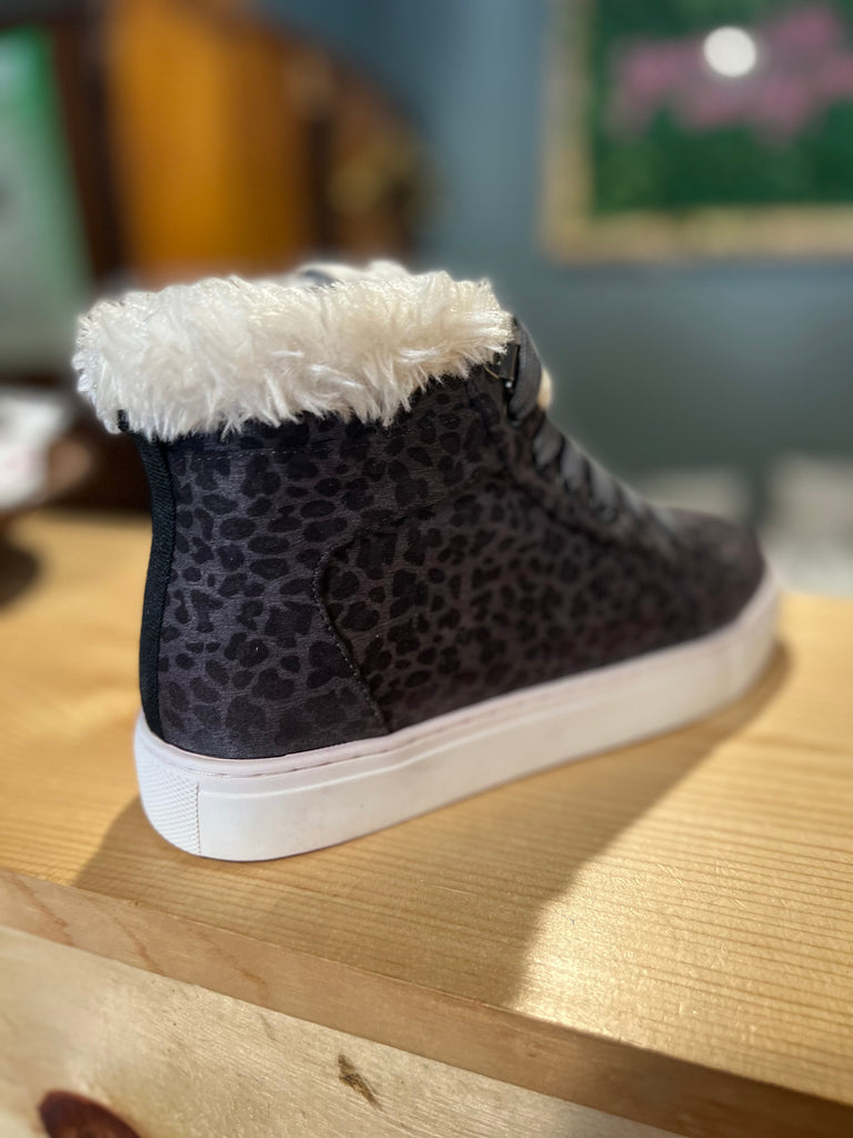 Corky’s Charcoal + Grey Leopard Fur Sneakers