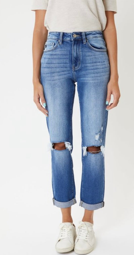 Kancan High Rise Straight Distressed Knees Jeans
