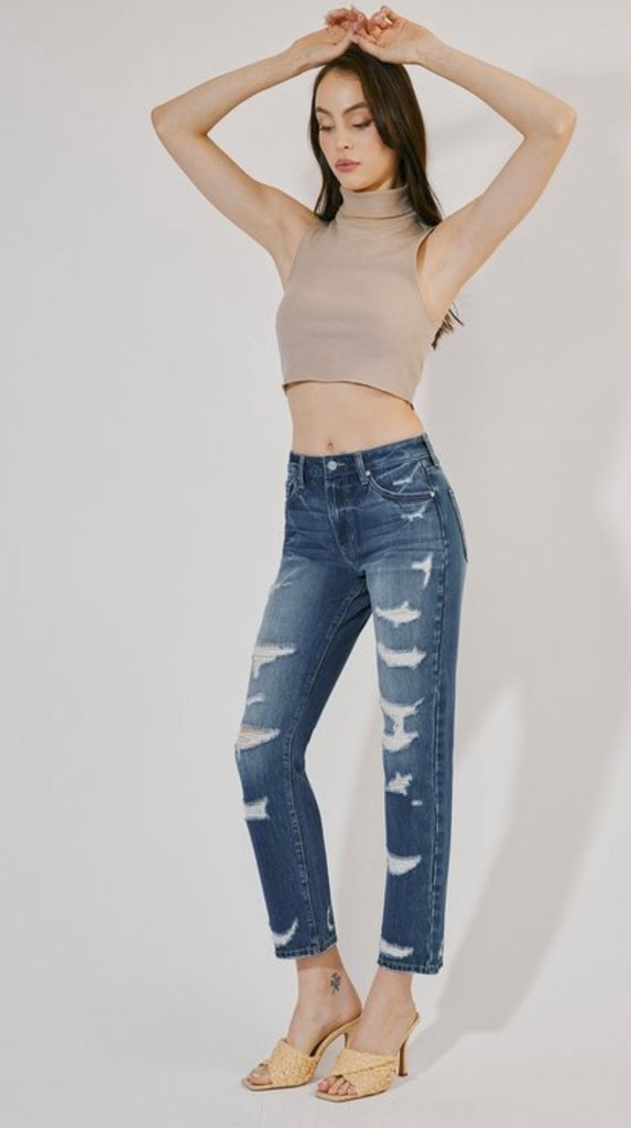 Kancan High Rise Slim Straight Distressed Jeans
