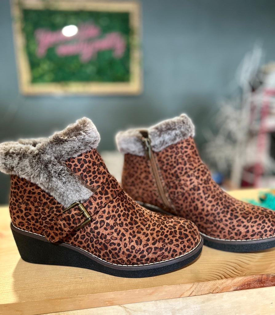 Corky’s Leopard + Fur Wedge Booties