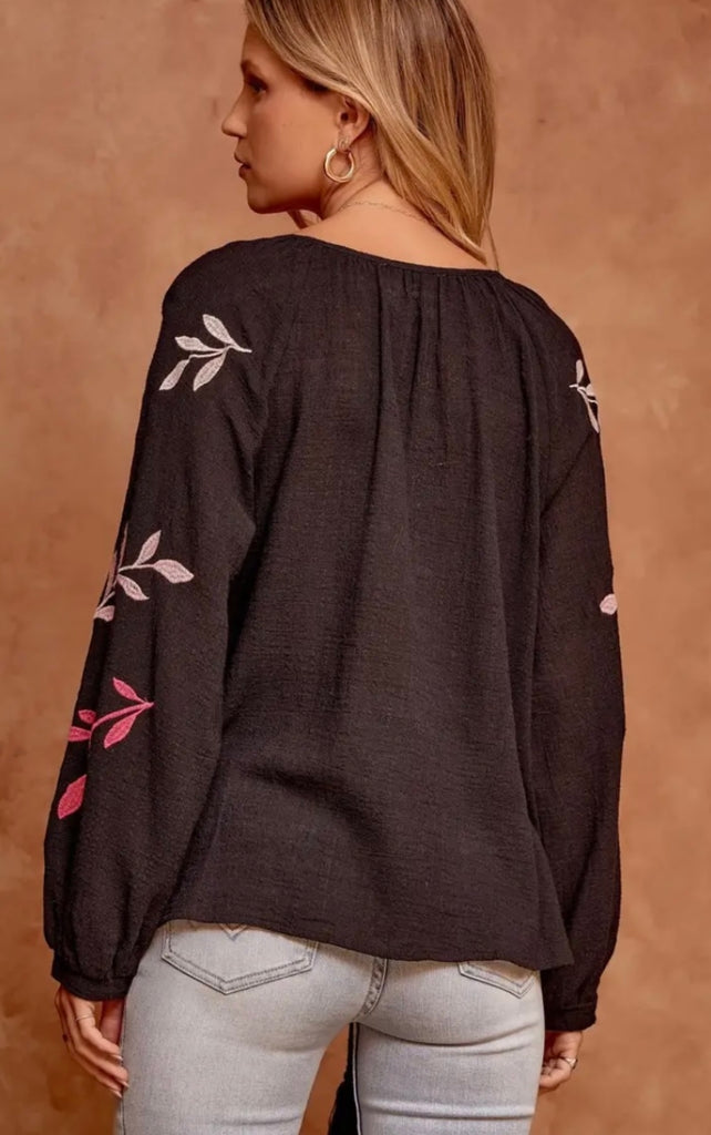 Black Leaves Embroidered Lightweight Top